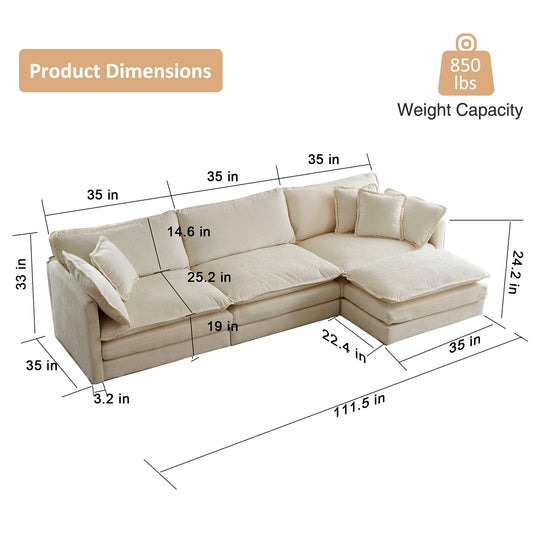 KIVENJAJA Chenille L-Shaped Modular Sectional Sofa, Modern 3-Seater Comfy Deep Seat Cloud Couch with Ottoman/Chaise & 5 Pillows for Living Room Office Apartment, 111.5”W, Light Camel