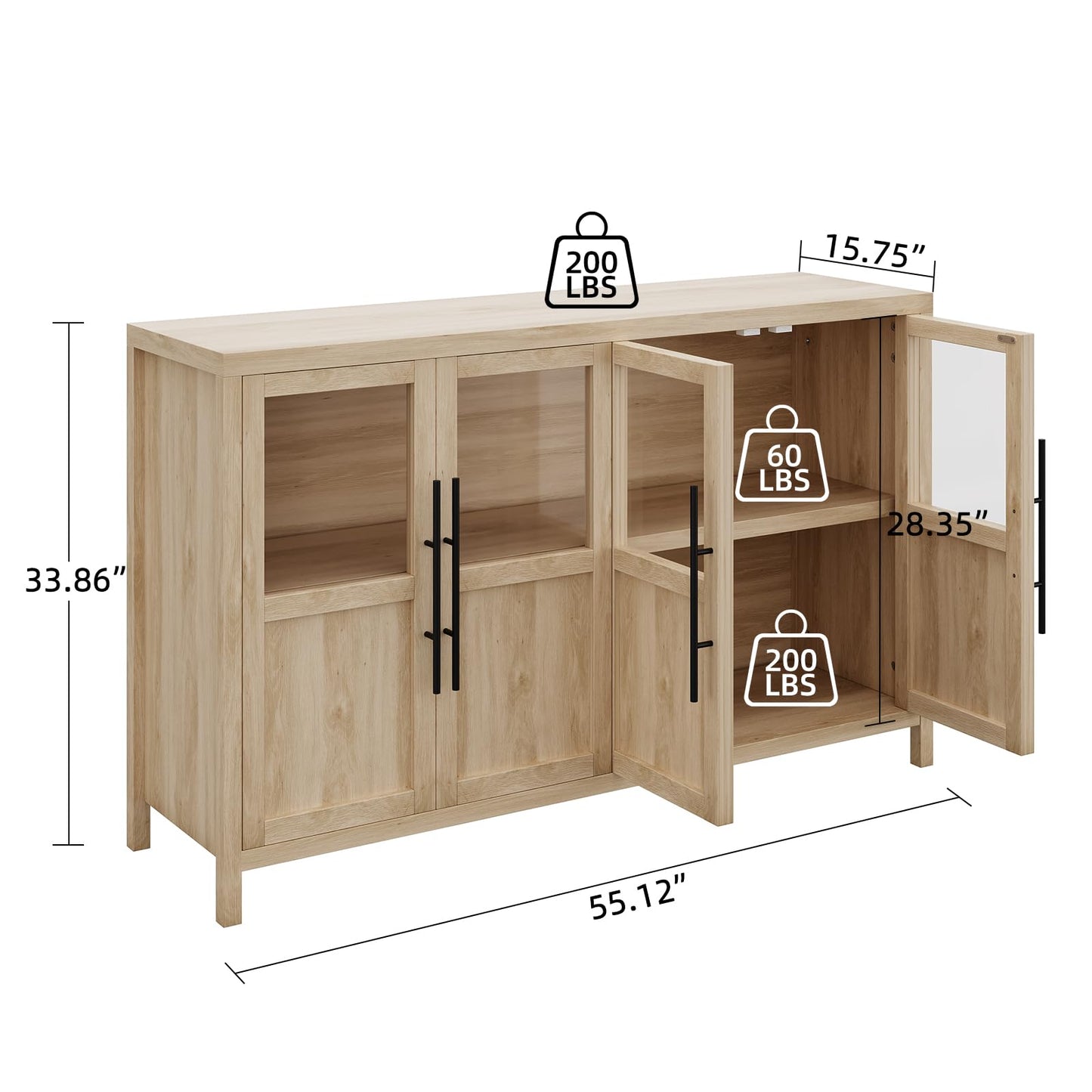 GarveeHome Sideboard Buffet Cabinet with 4 Glass Doors, 55"