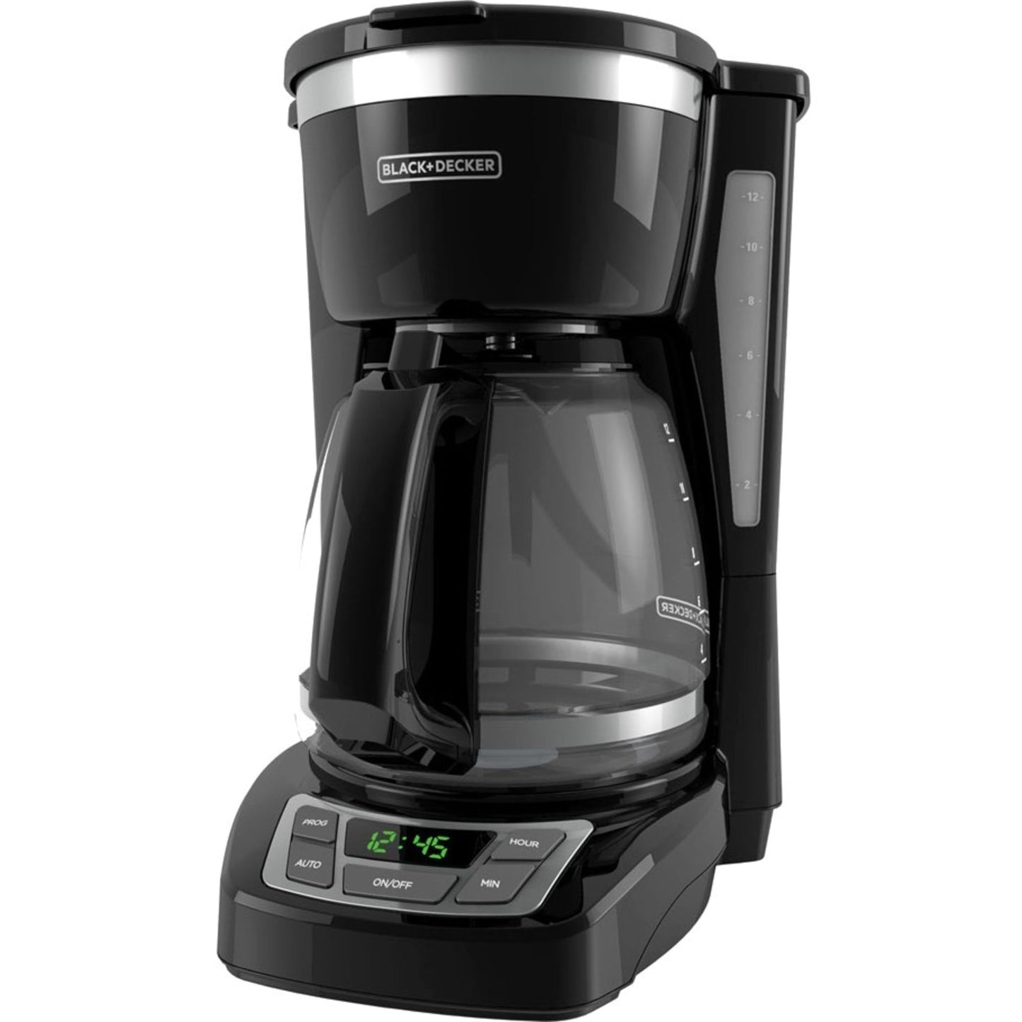 BLACK+DECKER 12-Cup Digital Coffee Maker, Programmable, Washable Basket Filter, Sneak-A-Cup, Auto Brew, Water Window, Keep Hot Plate, Black