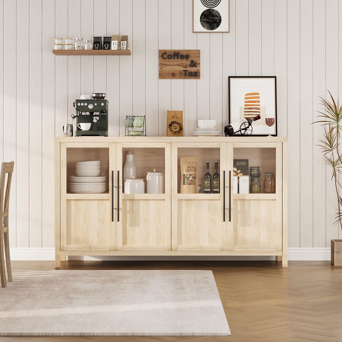 GarveeHome Sideboard Buffet Cabinet with 4 Glass Doors, 55"