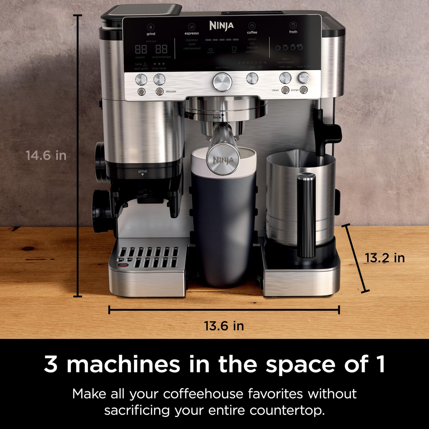 Ninja Espresso Machine, Luxe Café Premier Series, Drip Coffee Maker and Rapid Cold Brew, Integrated Grinder, Assisted Tamper, Hands-Free Frother, for Cappuccinos and Lattes, Dairy or Non-Dairy, ES601