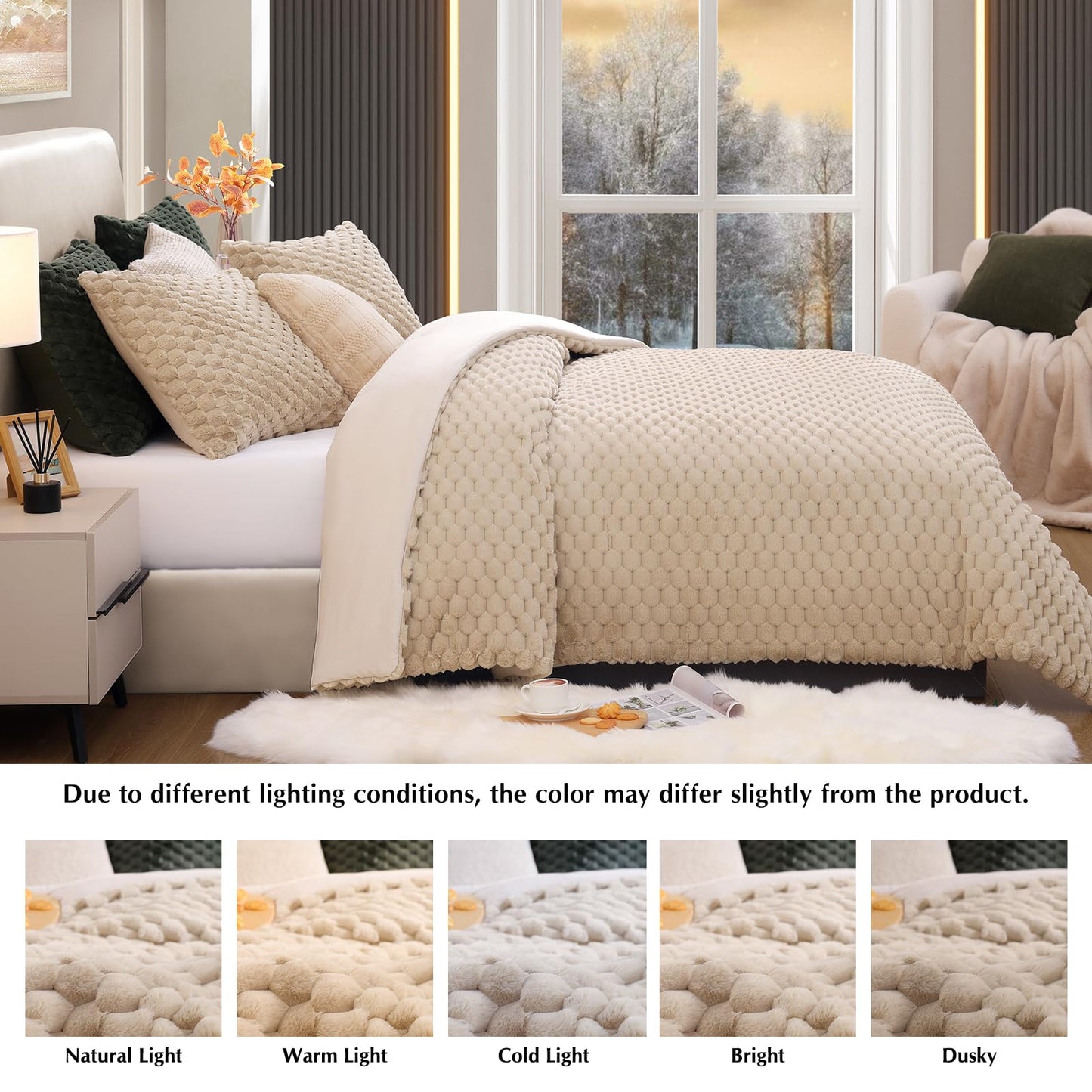 CASAAGUSTO Fluffy King Comforter Set, Beige Luxury Rabbit Faux Fur Comforter Set King Size, 3 Pieces Soft Fuzzy Warm Bedding Set for Winter Autumn, Thick Plush Bed Comforter with 2 Pillowcases