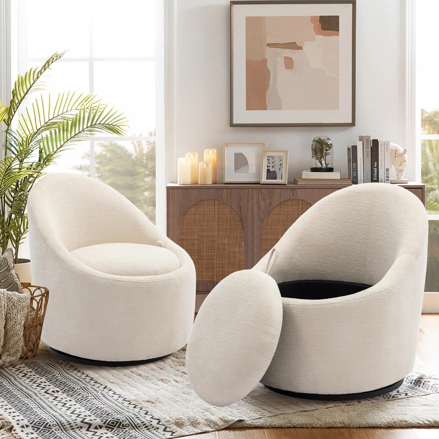 Swivel Accent Chair Set of 2, 360° Swivel Barrel Chair with Hidden Storage, Modern Small Round Swivel Chair Accent Chair for Living Room/Bedroom-Beige