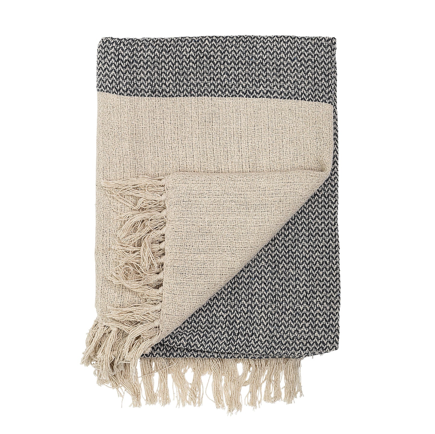 Bloomingville Grey & Cream Cotton Knit Throw with Fringe 63x51