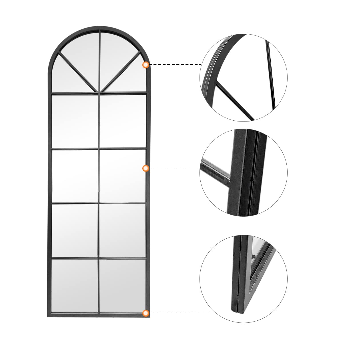 ZMYCZ Floor Full Length Mirror, Black Arched-Top, Large Window Pane Mirror,