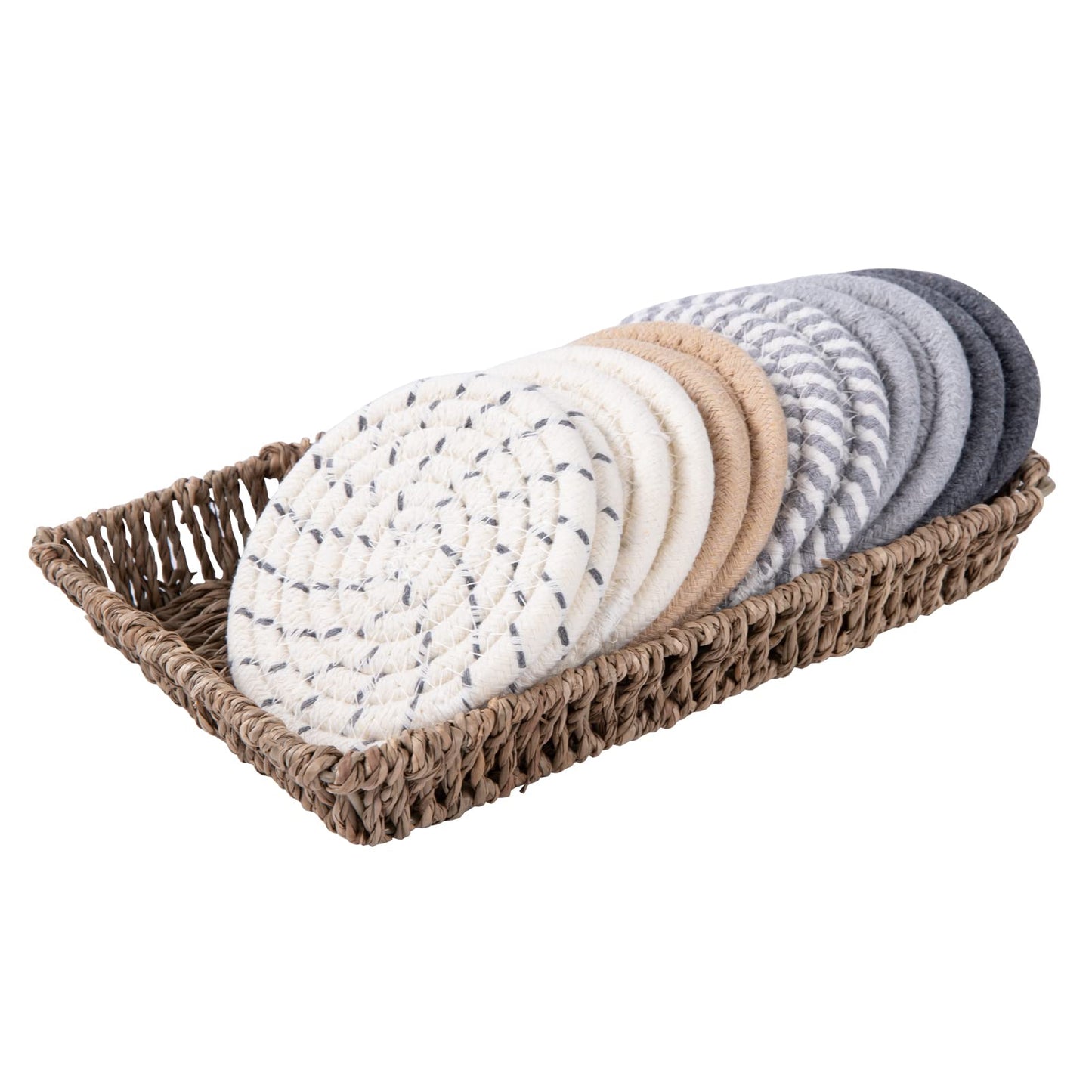 Boho Drink Coasters & Seagrass Basket Holder Set