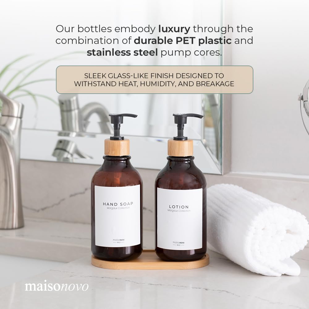 MaisoNovo Amber Plastic Soap Dispenser with Bamboo Tray