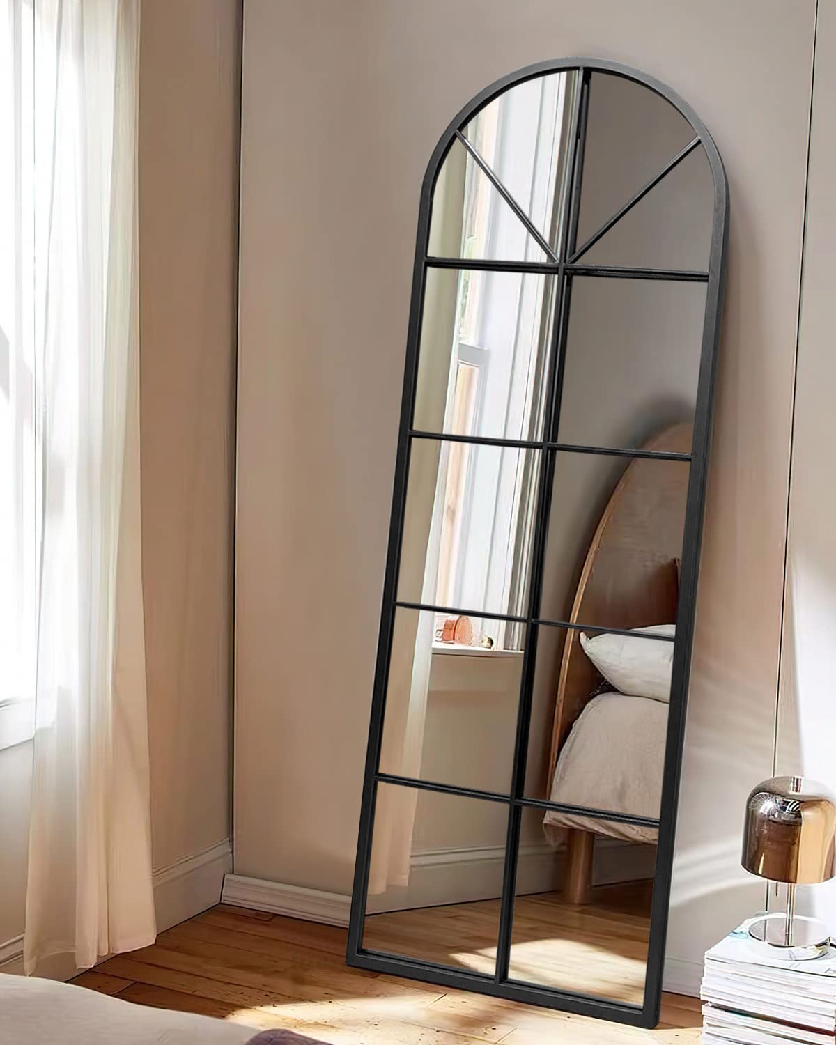 ZMYCZ Floor Full Length Mirror, Black Arched-Top, Large Window Pane Mirror,