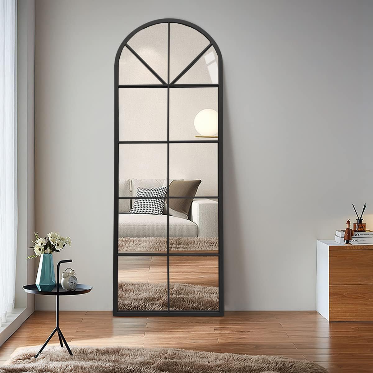 ZMYCZ Floor Full Length Mirror, Black Arched-Top, Large Window Pane Mirror,