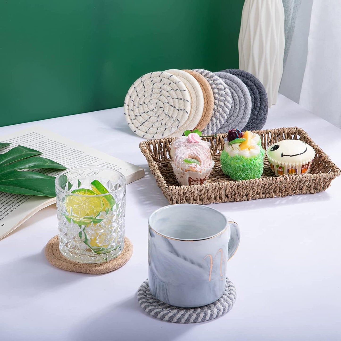 Boho Drink Coasters & Seagrass Basket Holder Set