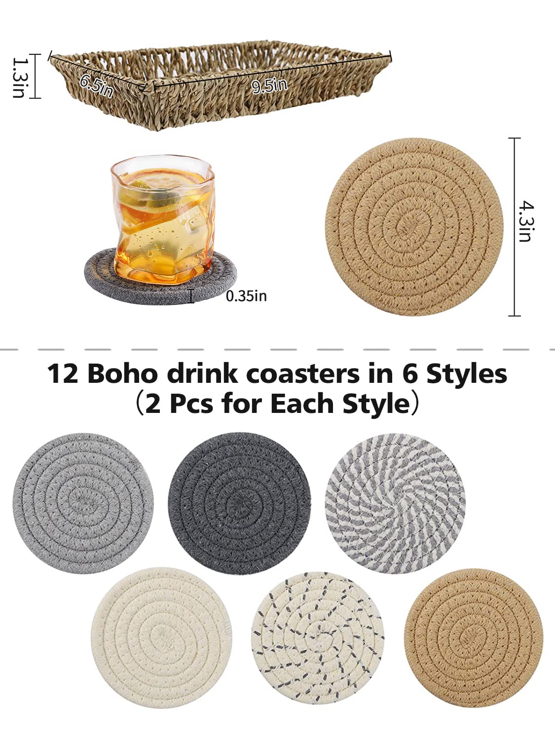 Boho Drink Coasters & Seagrass Basket Holder Set