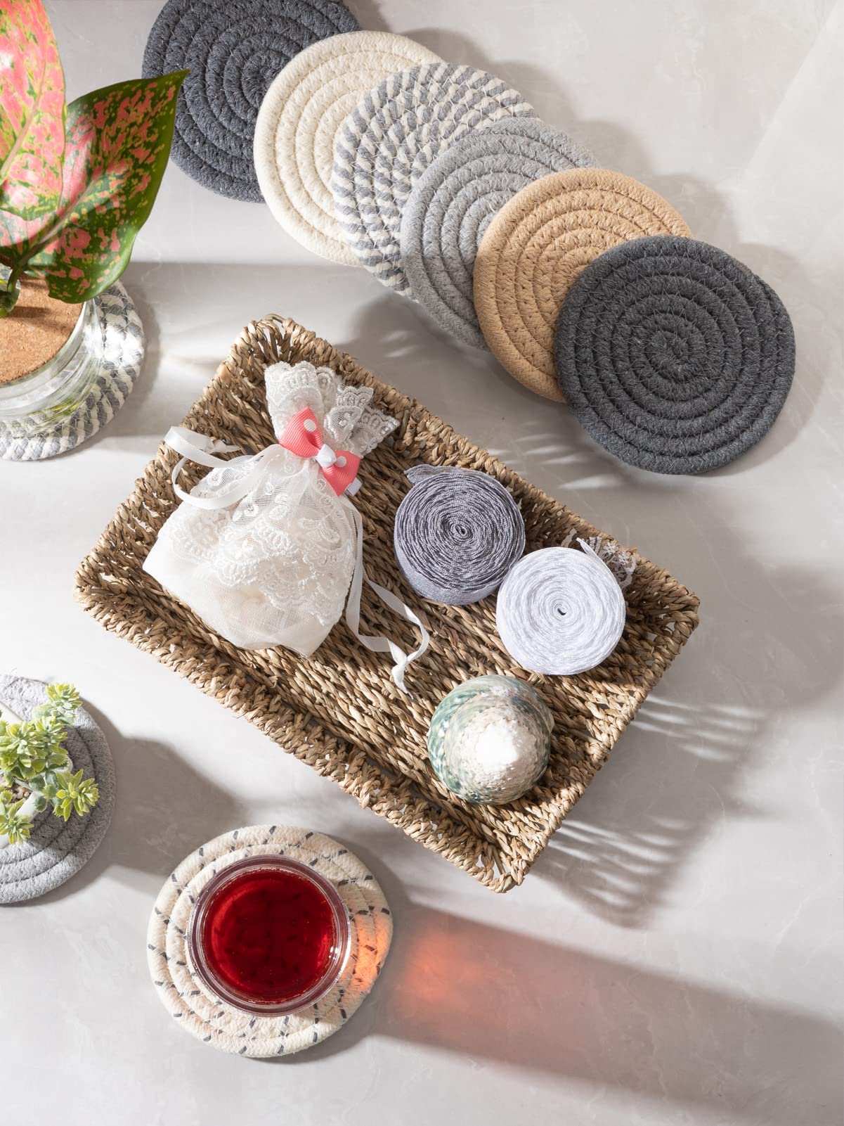 Boho Drink Coasters & Seagrass Basket Holder Set