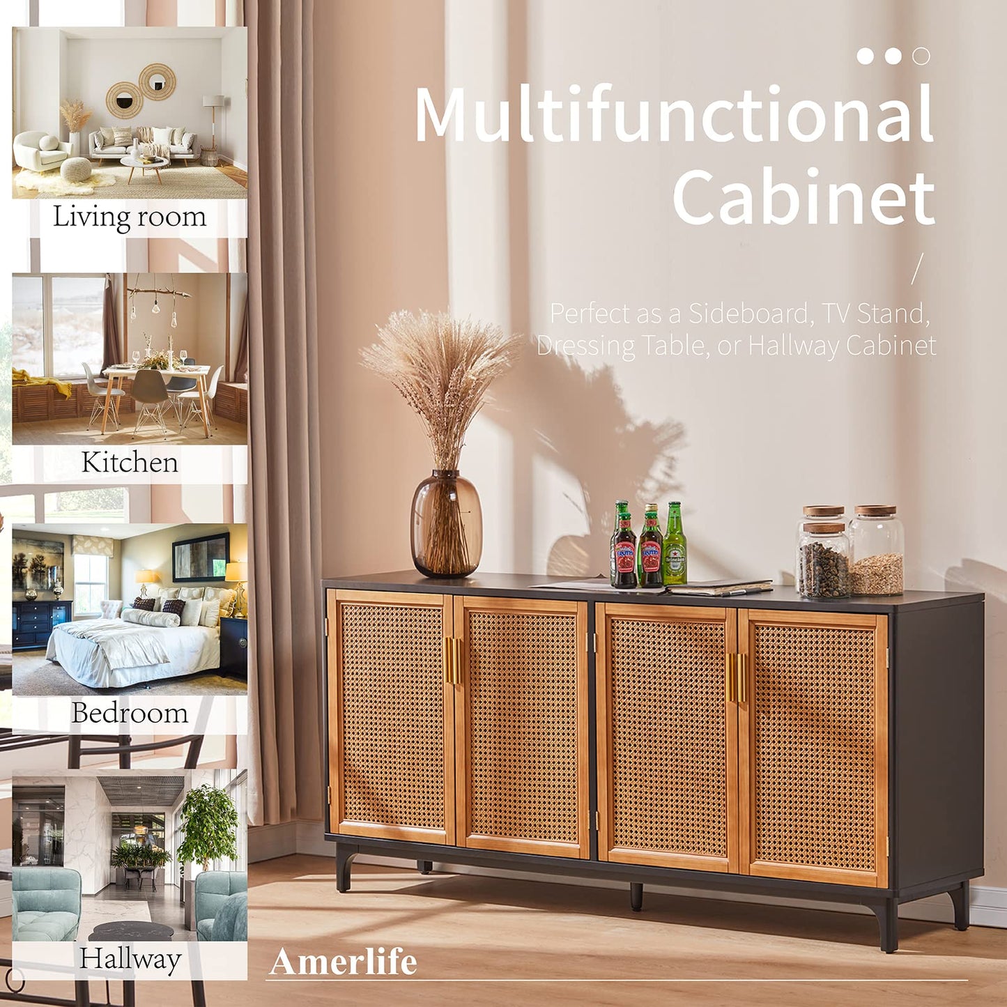 AMERLIFE Sideboard Buffet Cabinet with Handmade Rattan Doors