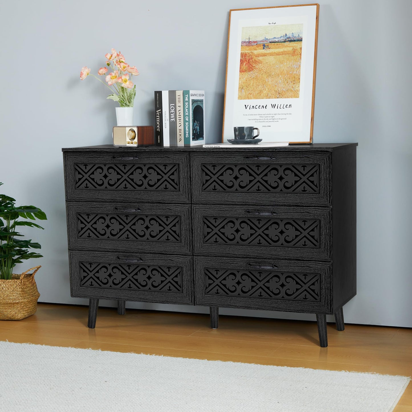 QEIUZON 6 Drawer Dresser, Modern Farmhouse Dresser Chest