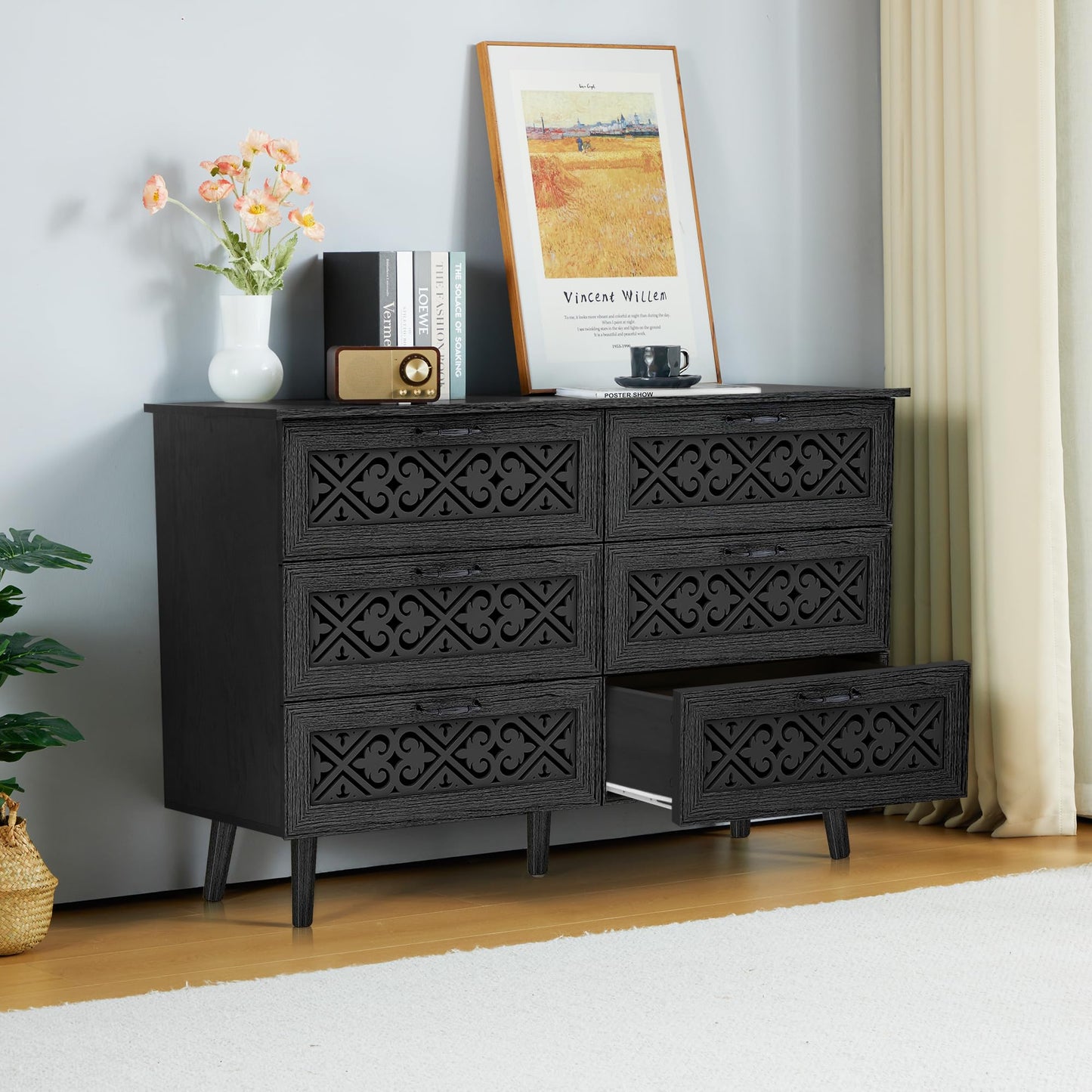 QEIUZON 6 Drawer Dresser, Modern Farmhouse Dresser Chest