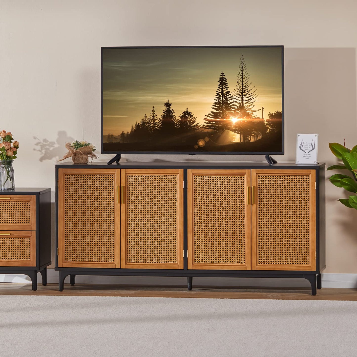 AMERLIFE Sideboard Buffet Cabinet with Handmade Rattan Doors