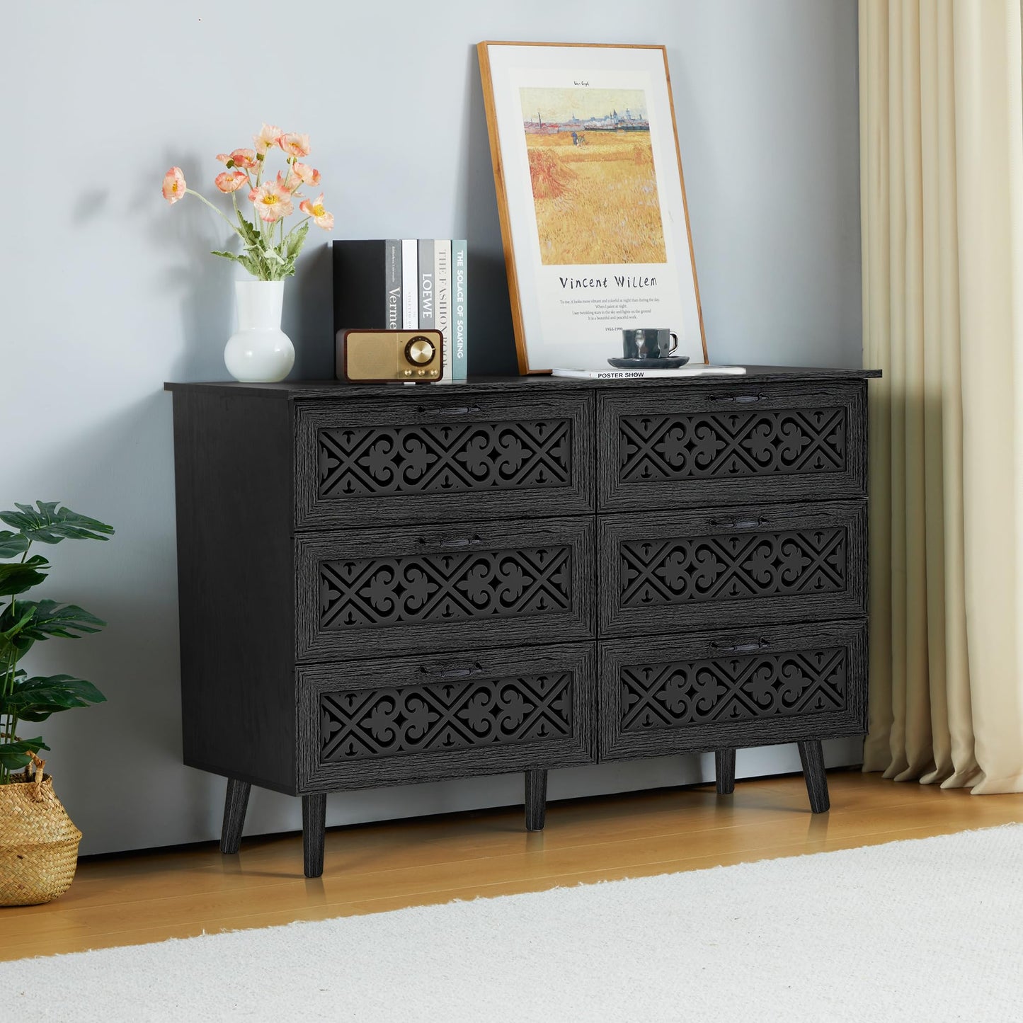 QEIUZON 6 Drawer Dresser, Modern Farmhouse Dresser Chest